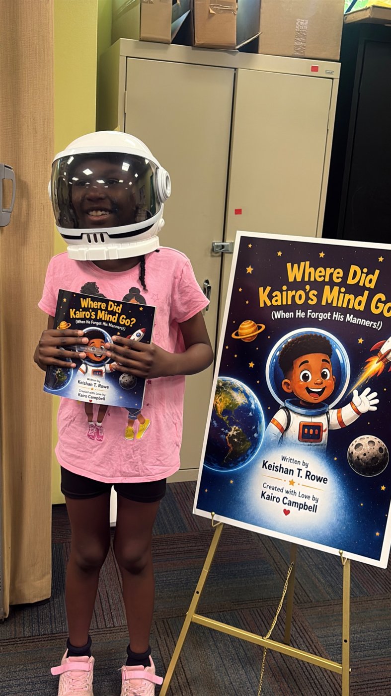 A Laurelton Library participant wearing a space helmet beside the book display