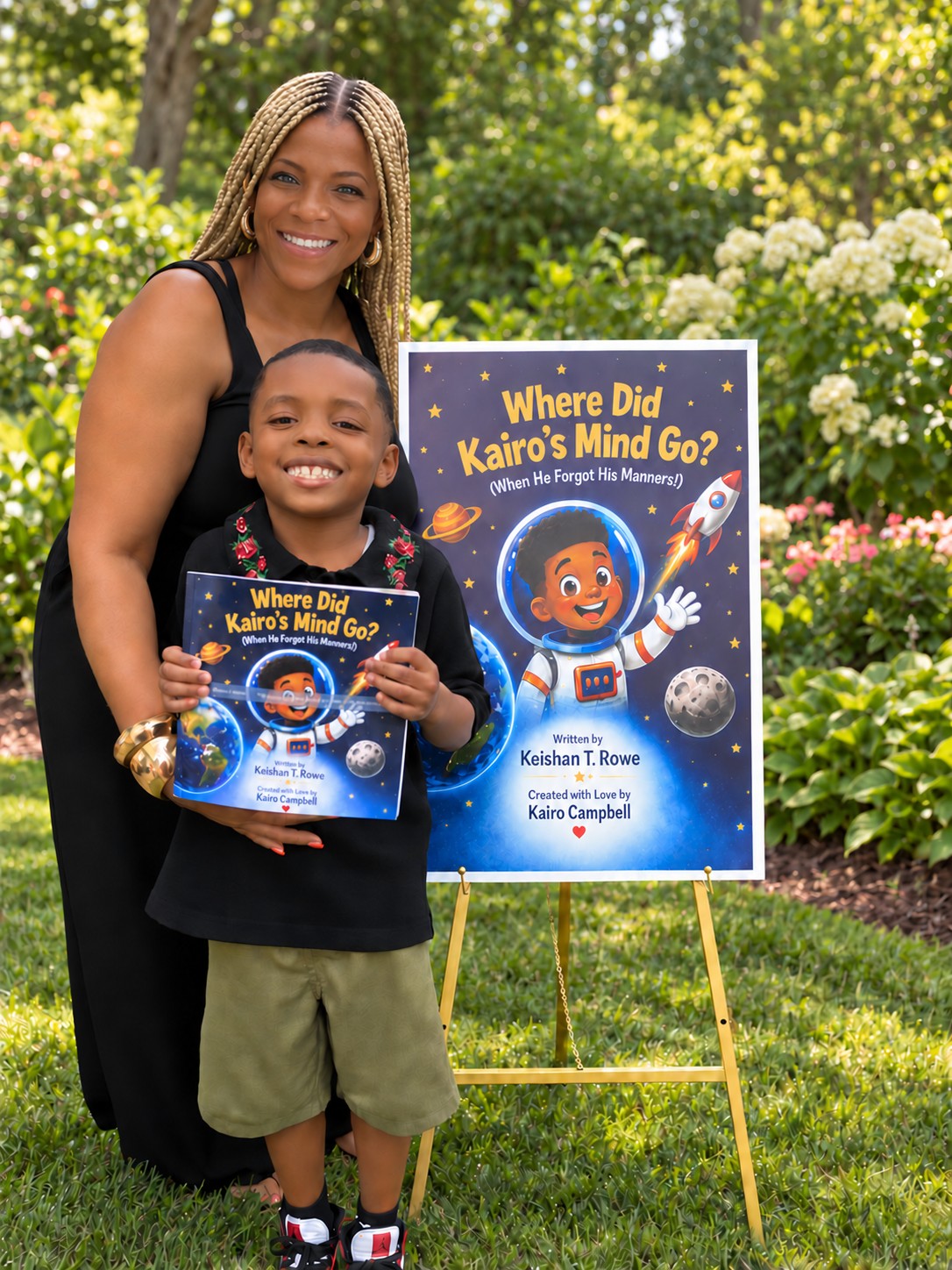 Keishan T. Rowe and Kairo Campbell smiling together with their book in a garden